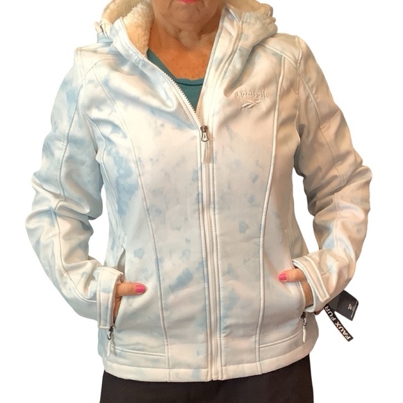 NWT Reebok Women's Light Blue Tie Dye Print Full Zip Hooded Jacket Zip Pockets - Picture 1 of 12
